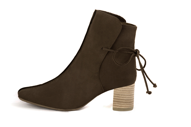 Dark brown women's ankle boots with laces at the back. Square toe. Medium block heels. Profile view - Florence KOOIJMAN
